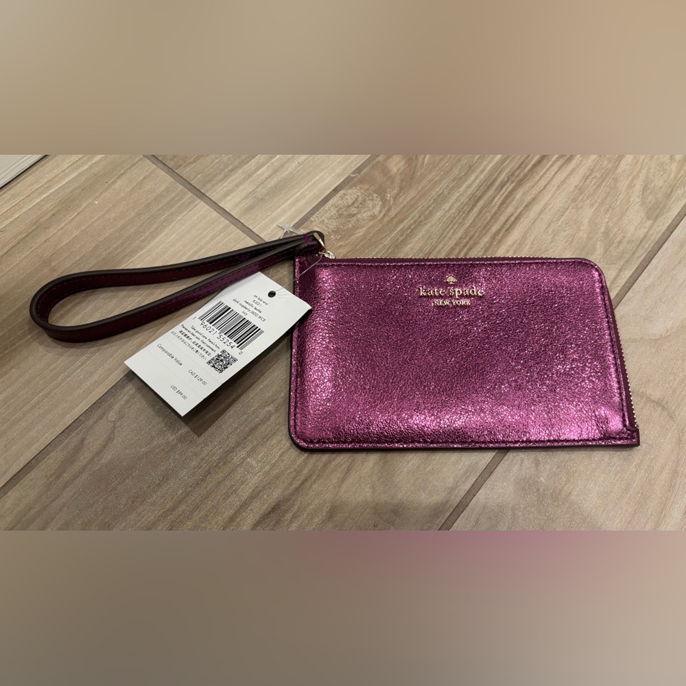 NWT Kate Spade Lucy Metallic Small L-Zip Wristlet in dark raspberry